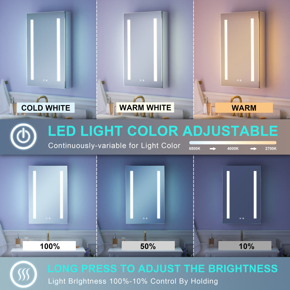 Recessed/Surface Mount LED Medicine Cabinet Mirror with Defogger, 20"x30" Left Hinge