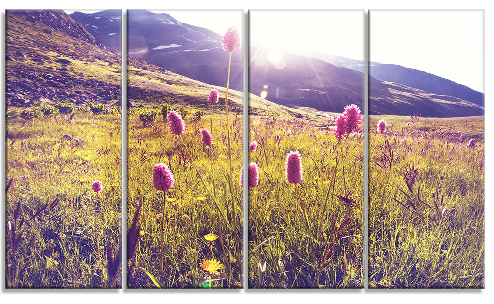 Mountain Pasture with Pink Flowers, Large Flower Canvas Print, 48"x28", 4 Panels