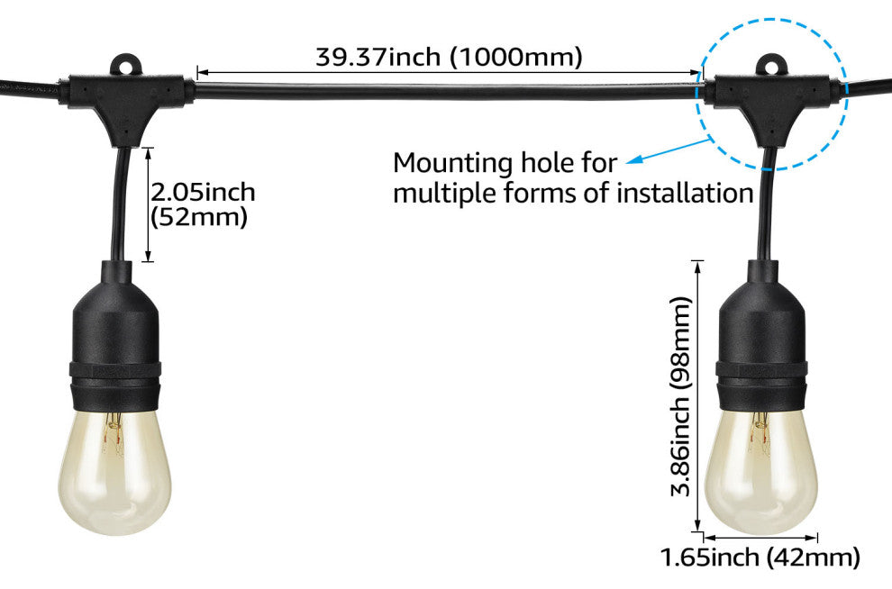 Torchstar 50' String Light, Filament Bulbs, 24 Sockets
