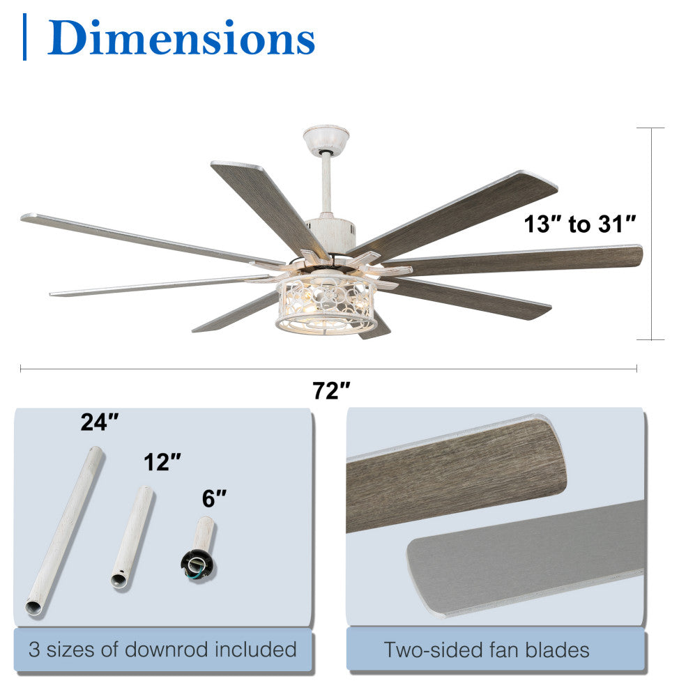 72" Antique Large Ceiling Fan with Light Kit, 8 Wood Blades Ceiling Fan, Chrome