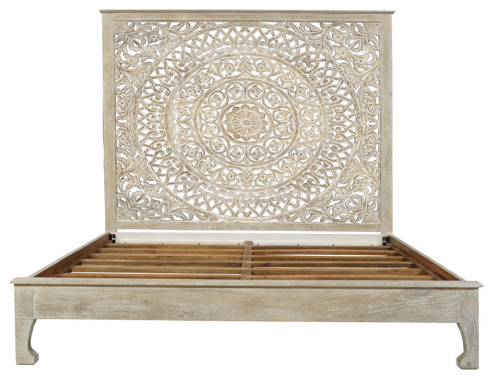 Milano Floral Carved Solid Wood Queen Panel Bed, Gray, King