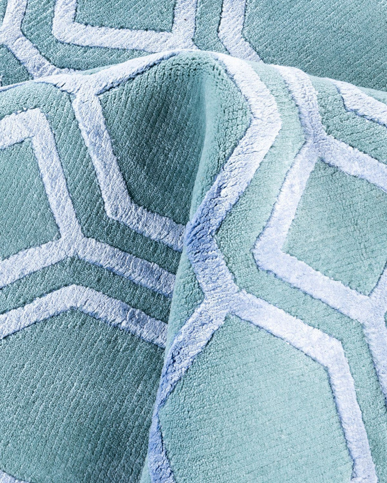 Modern One-of-a-Kind Handmade Area Rug Green, 8' 1" x 9' 10"