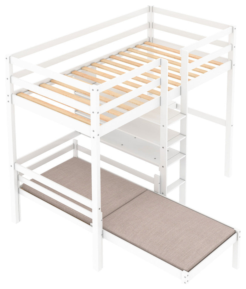 Gewnee Wood Convertible Twin Loft Bed with L-Shape Desk in White