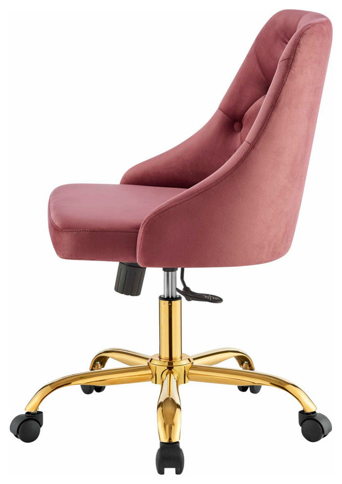 Computer Work Desk Swivel Tufted Chair, Velvet, Gold Pink, Home Business Office