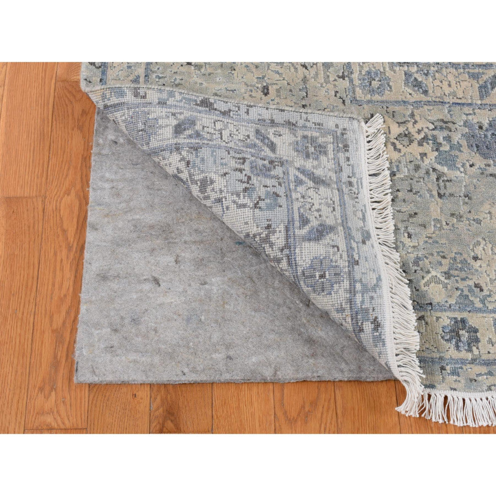 Blue, Hand Knotted, Oushak Design, Pure Silk With Wool Square Rug, 10'2"x10'2"
