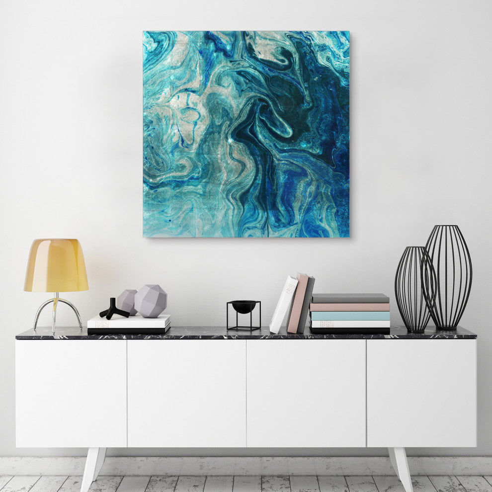 Indigo Abstract Diptych Wall Art Reverse Print on Tempered Glass and Silver Leaf