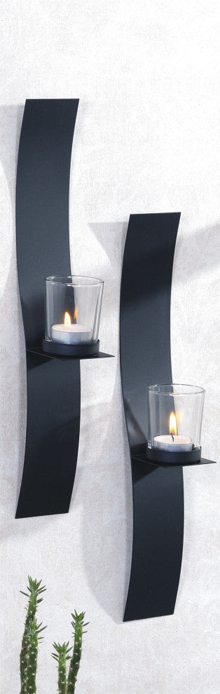 2x15" Set of 2 Sleek Candle Wall Sconce Holder With Glass Black Metal