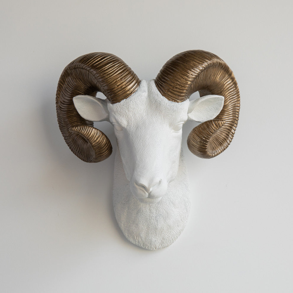 Faux White Ram Head with Bronze Horns Wall Decor, White and Bronze