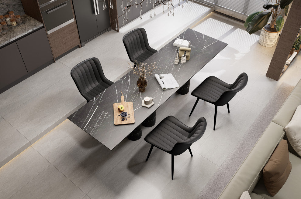 Younike Dining Chair Set of 2, Liner Pattern Faux Leather, Black