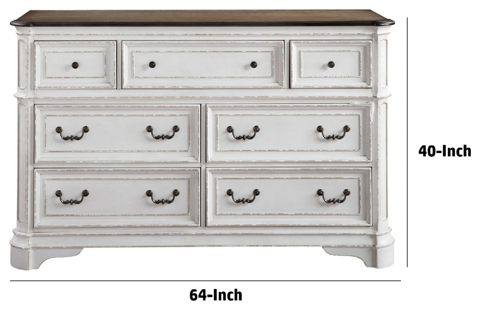 Benzara BM275080 64" Solid Wood Dresser, 7 Drawers, Felt Lined, Antique White