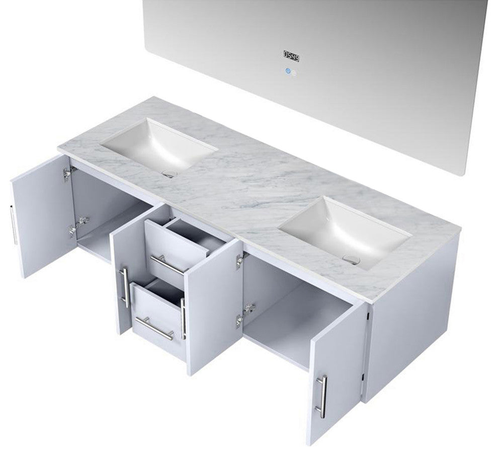 Geneva Transitional Glossy White 60" Double Vanity with 60" Led Mirror