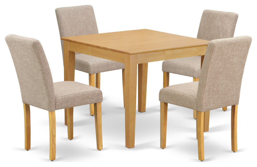 5Pc Square 36" Table And Four Parson Chair, Oak Leg And Linen Fabric Light Fawn