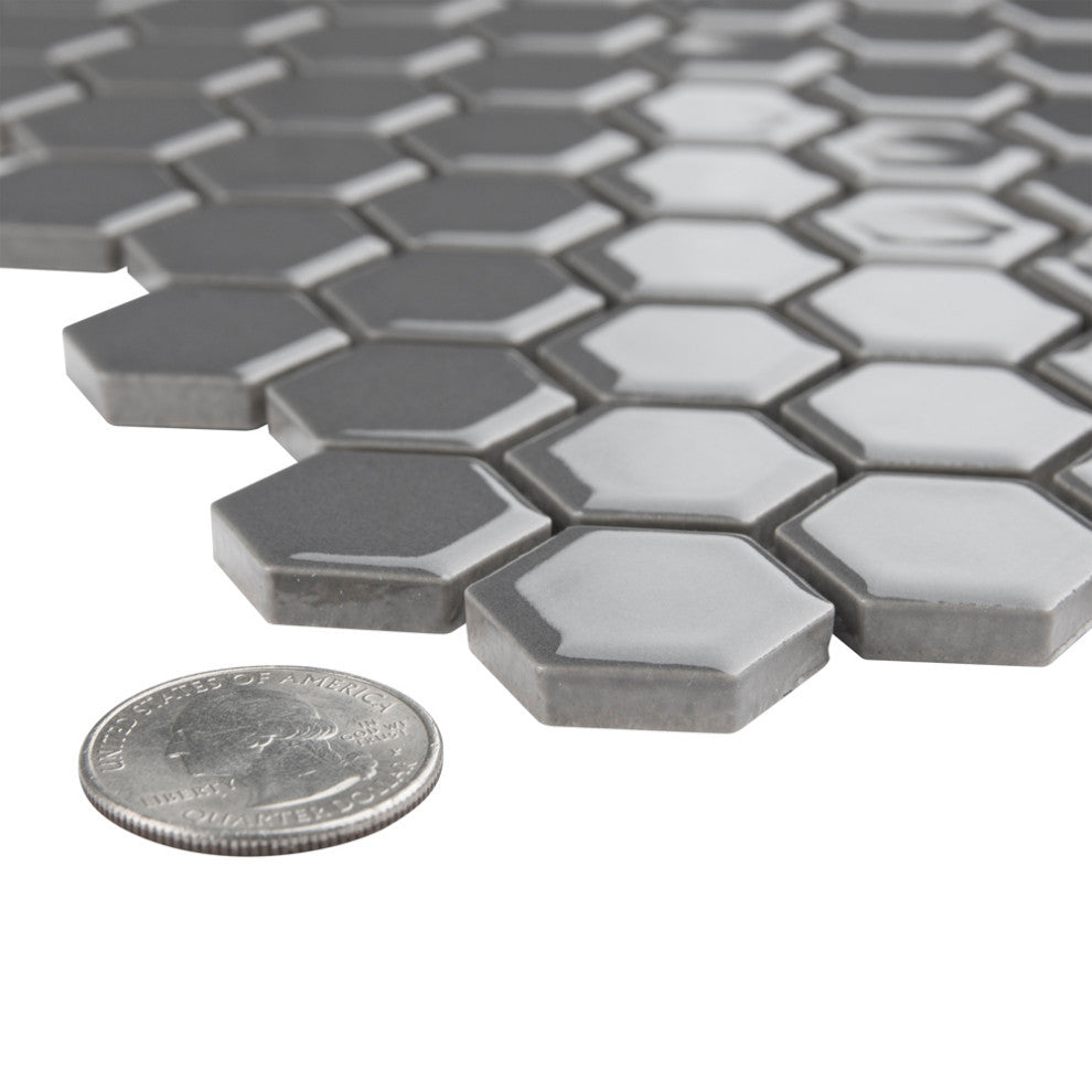 Metro 1" Hex Glossy Grey Porcelain Floor and Wall Tile