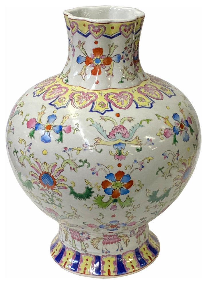 Chinese White Base Porcelain Hand-painted Flower Color Graphic Vase Aws1828