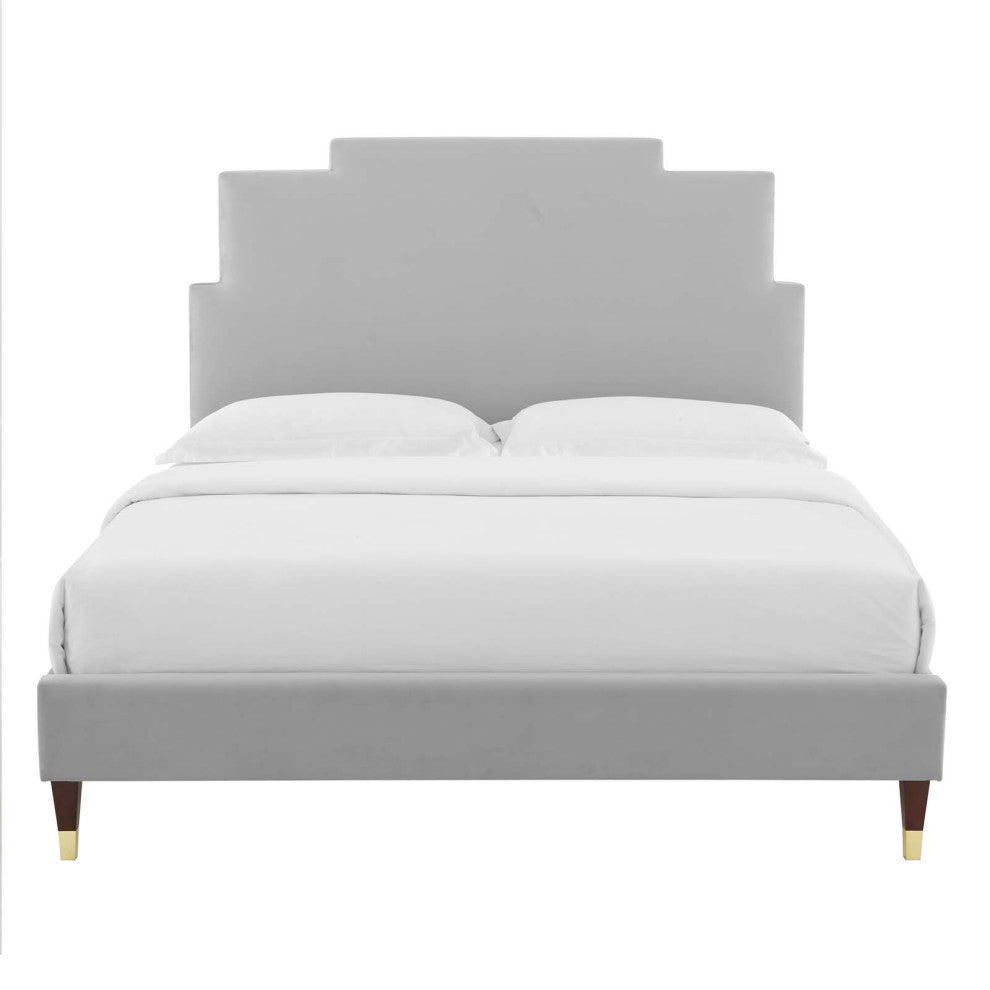 Platform Bed Frame, Queen Size, Velvet, Light Gray, Modern Contemporary