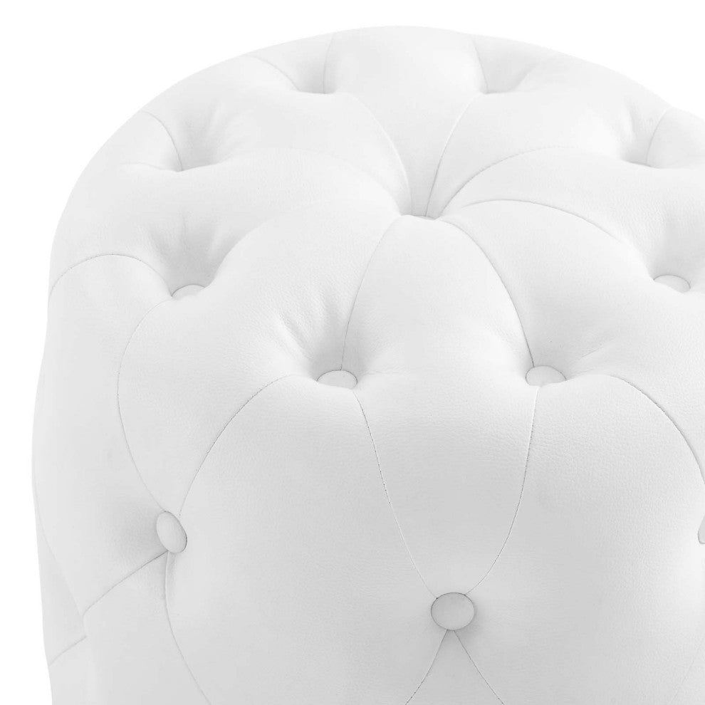 Tufted Accent Chair Ottoman, Round, Faux Leather, White, Modern, Lounge