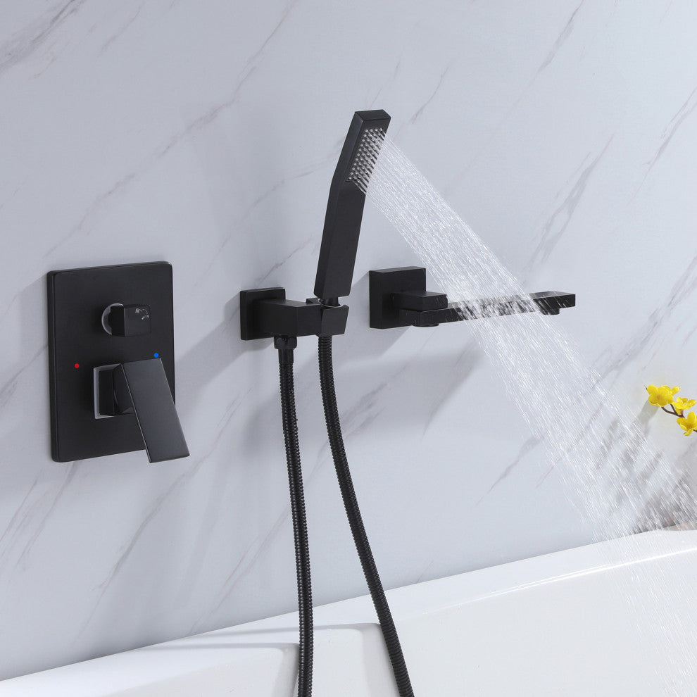 Wall Mounted Roman Bathtub Faucet With Brass Handheld Shower, Matte Black
