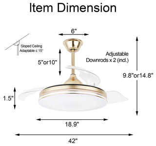 42" Modern Retractable Ceiling Fan with Light Kit and Remote Control 3 Blades, Gold, 42"