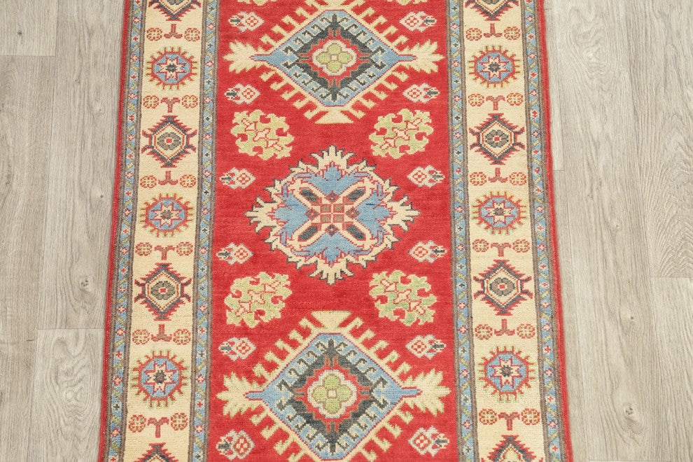 Pakistani Traditional Kazak Wool Hand Made Oriental Runner Rug, Red, 9'6"X2'10"