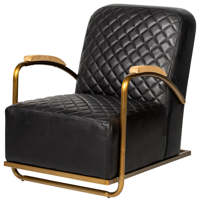 Horace I Black Leather Diamond Pattern With Gold Iron Frame Accent Chair