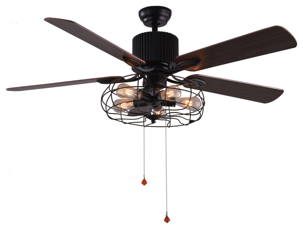Vintage Farmhouse Industrial 5-Light Black Cage Ceiling Fan, Pull Chain, 52"