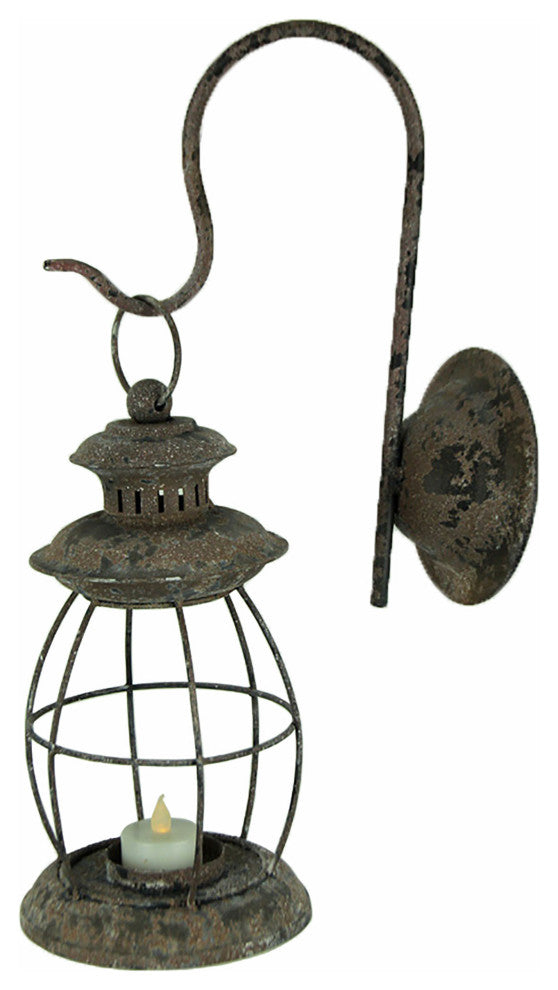 Distressed Metal Wall Mounted Railroad Lantern Hanging Candle Sconce Black