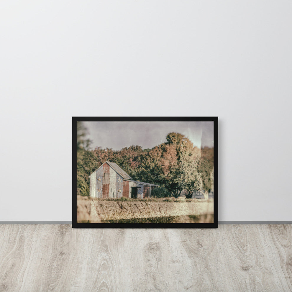Patriotic Weathered Barn in Field Glass Plate Framed Photo Paper Wall Art Prints, Black, 18" X 24"