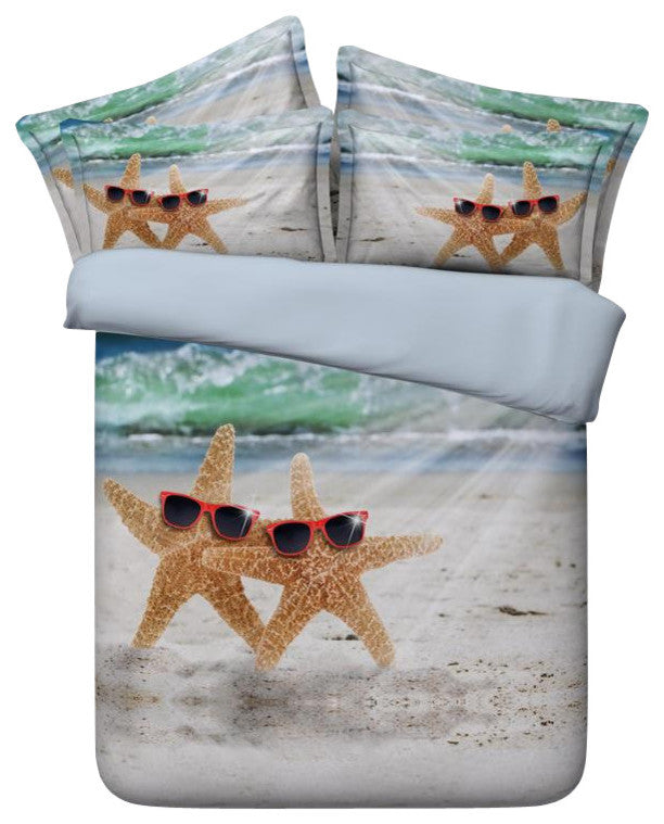 3D Bedding Cool Beach Starfish 4-Piece Duvet Cover Set, Full