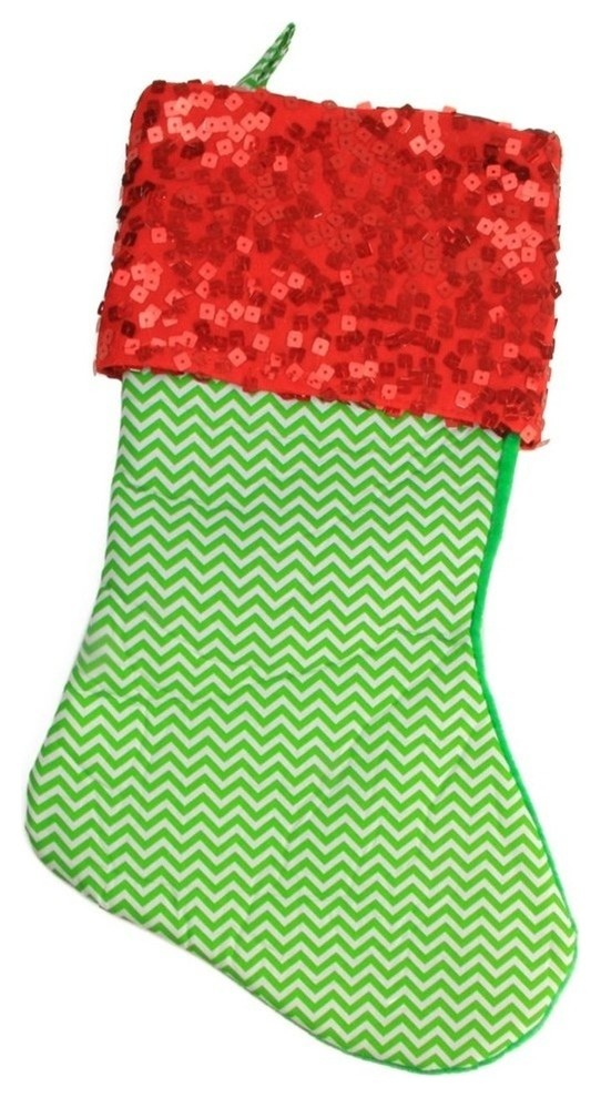 19" Green and Red Chevron Sequin Cuff Christmas Stocking