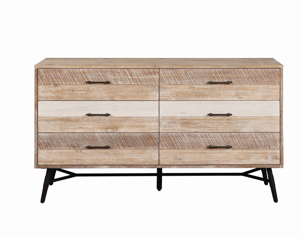 Six Drawer Wooden Dresser with Metal Angled Legs, Brown and Black