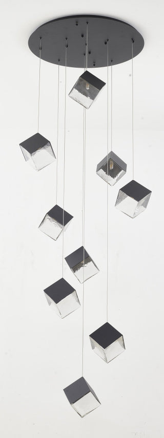 9-Light Black Cubed Chandelier With A Clear Distorted Glass Shades