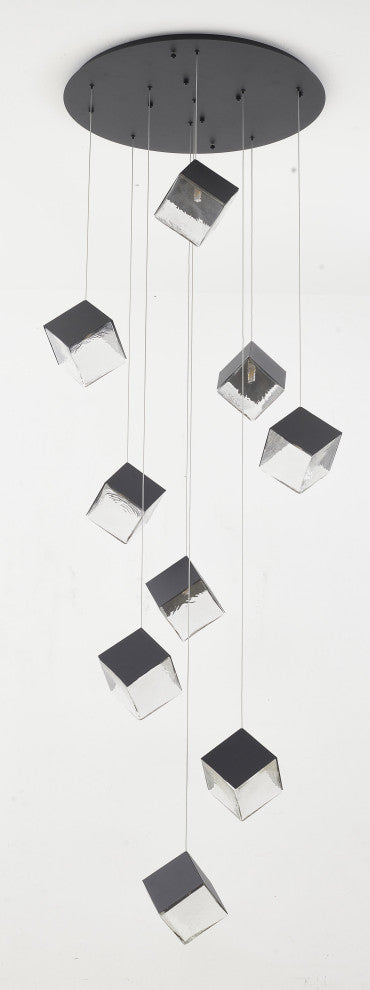 9-Light Black Cubed Chandelier With A Clear Distorted Glass Shades
