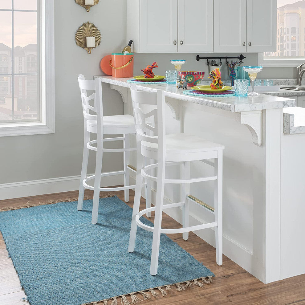 2 Pack Bar Stool, White Painted Beechwood With Gold Footrest, Wooden Seat