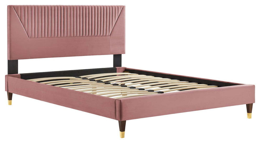 Yasmine Channel Tufted Performance Velvet King Platform Bed, Dusty Rose
