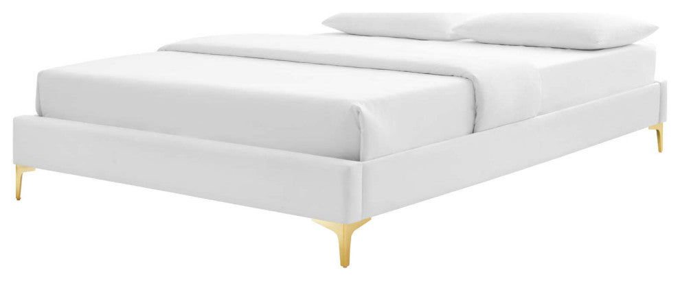 Platform Bed Frame, King Size, Velvet, White, Modern Contemporary, Bedroom