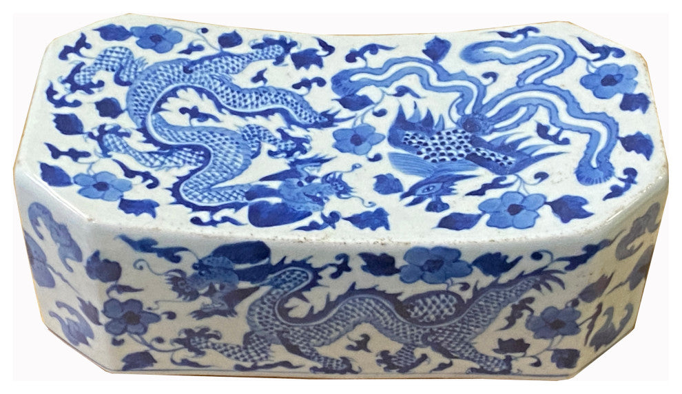 Chinese Blue White Porcelain Dragons Graphic Pillow Shape Display Hws2008