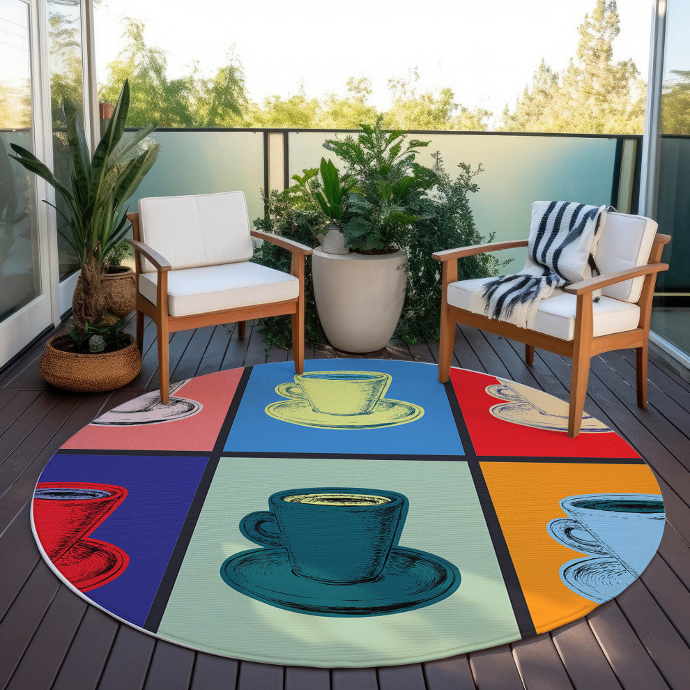 Indoor/Outdoor Kendall KE10 Multi Machine Washable 8' x 8' Round Rug