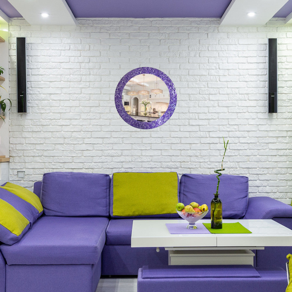 24" Decorative Glass Mosaic Wall Mirror - Purple Decorative Mirrors for Walls, Ultra Violet