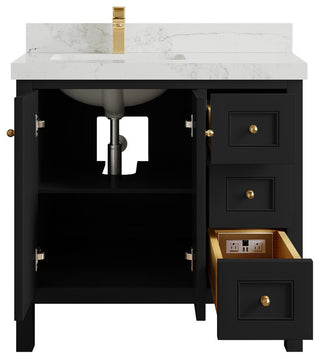 Nashville 36" Left Offset Bath Vanity, Black 2" Calacatta Nuvo