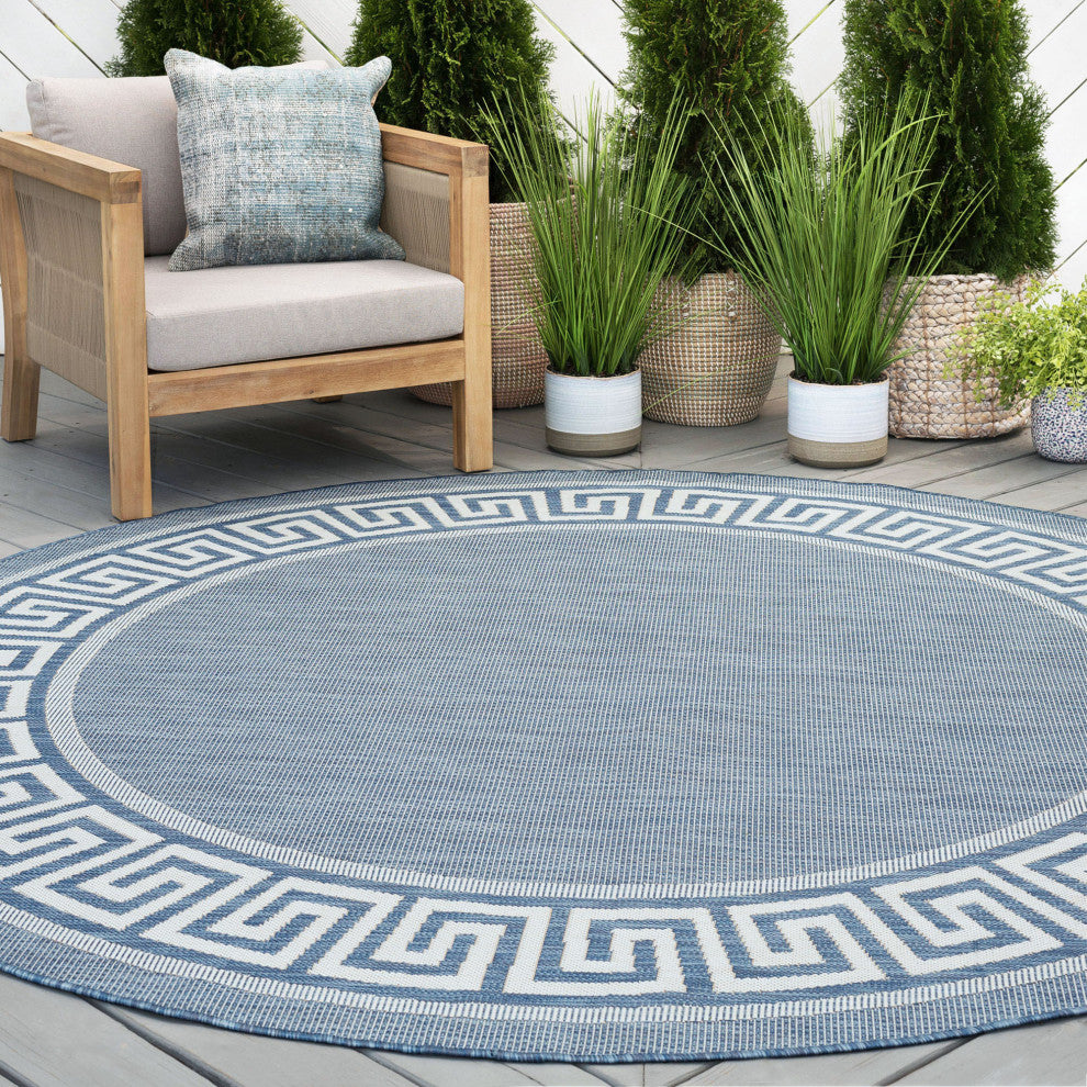 Giovanna Transitional Greek Key Blue/Cream Round Indoor/Outdoor Area Rug, 8'