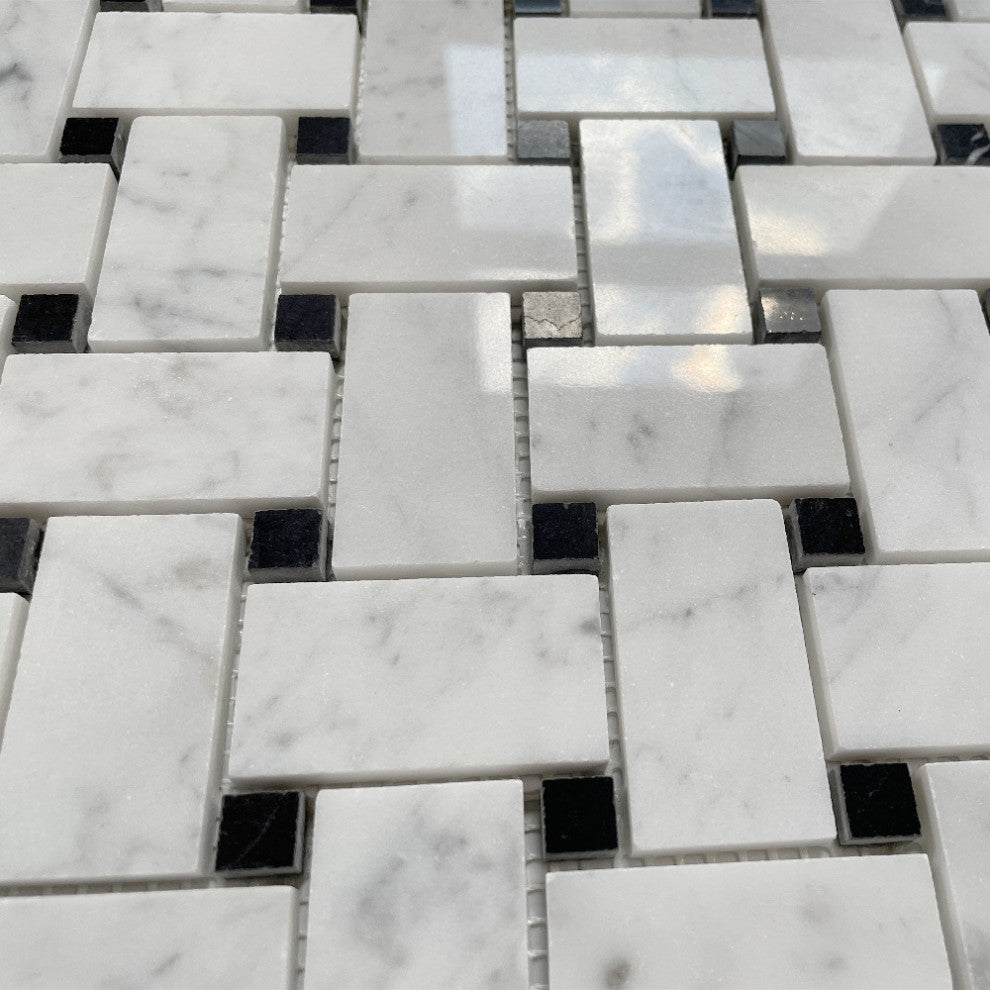Carrara Marble Basketweave Mosaic Tile Carrera Black Dots Polished 1x2, 1 sheet