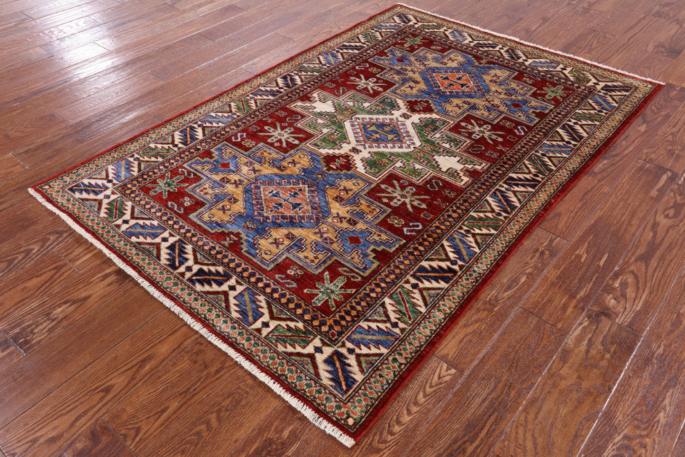 Super Kazak Geometric Handmade Wool Rug 4' 0" X 5' 11" Q10531