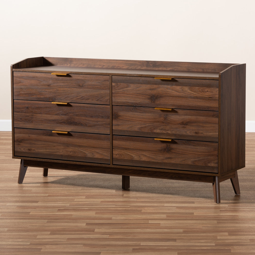 Kayley Mid-Century Modern Walnut Brown 6-Drawer Wood Dresser