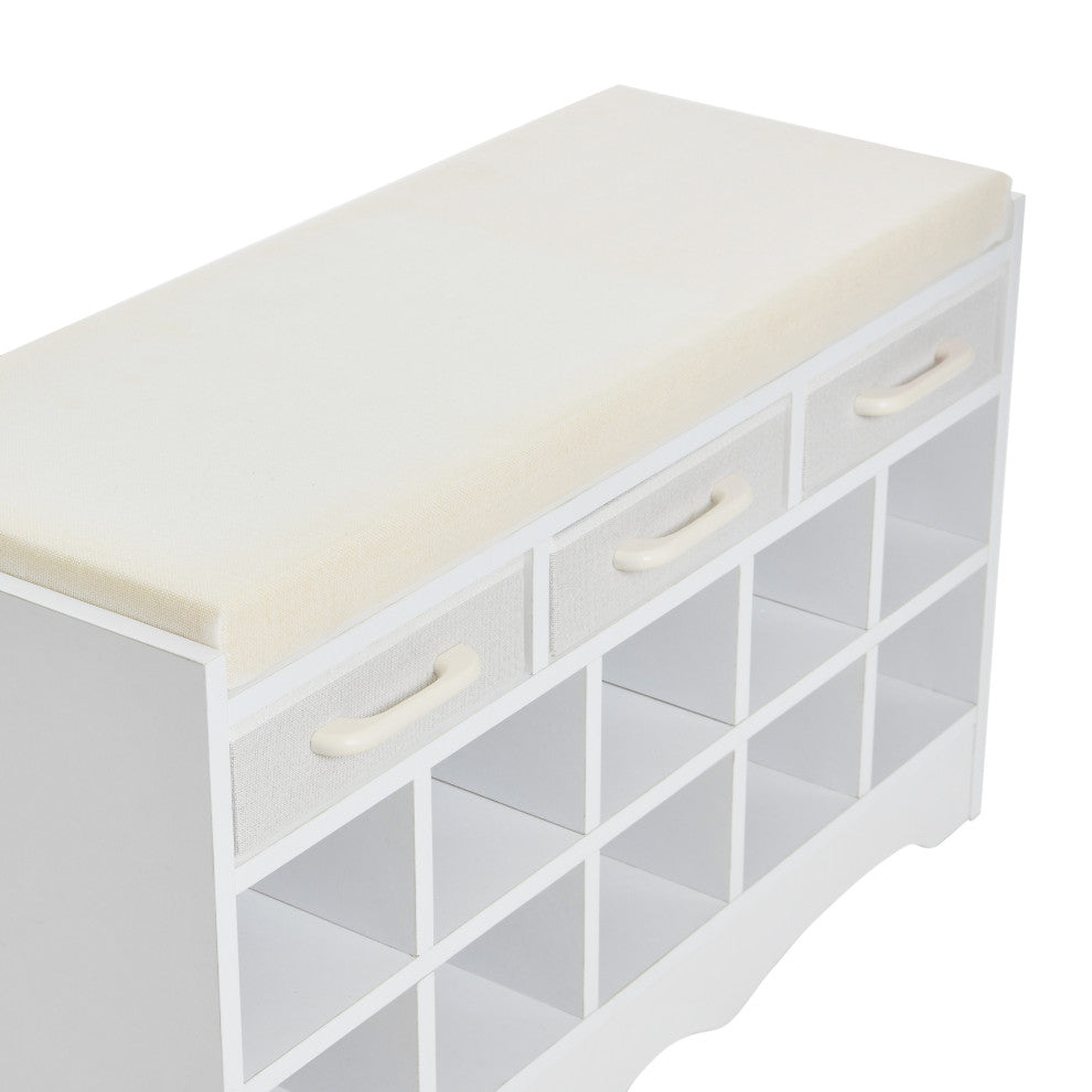 Entryway Storage Bench, 3 White Drawers 10 Shoe Compartments, Cushioned Seat