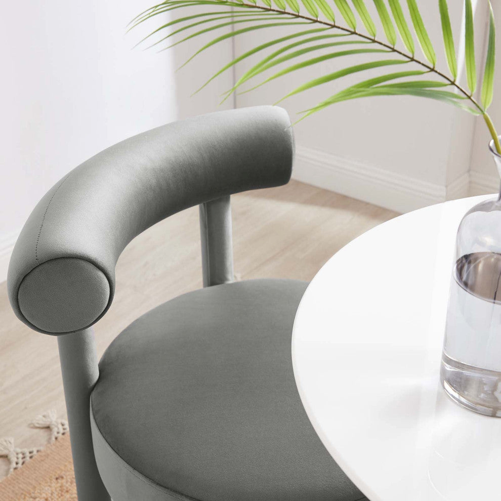 Toulouse Performance Velvet Dining Chair, Curved Round Bolster Side Chair, Grey