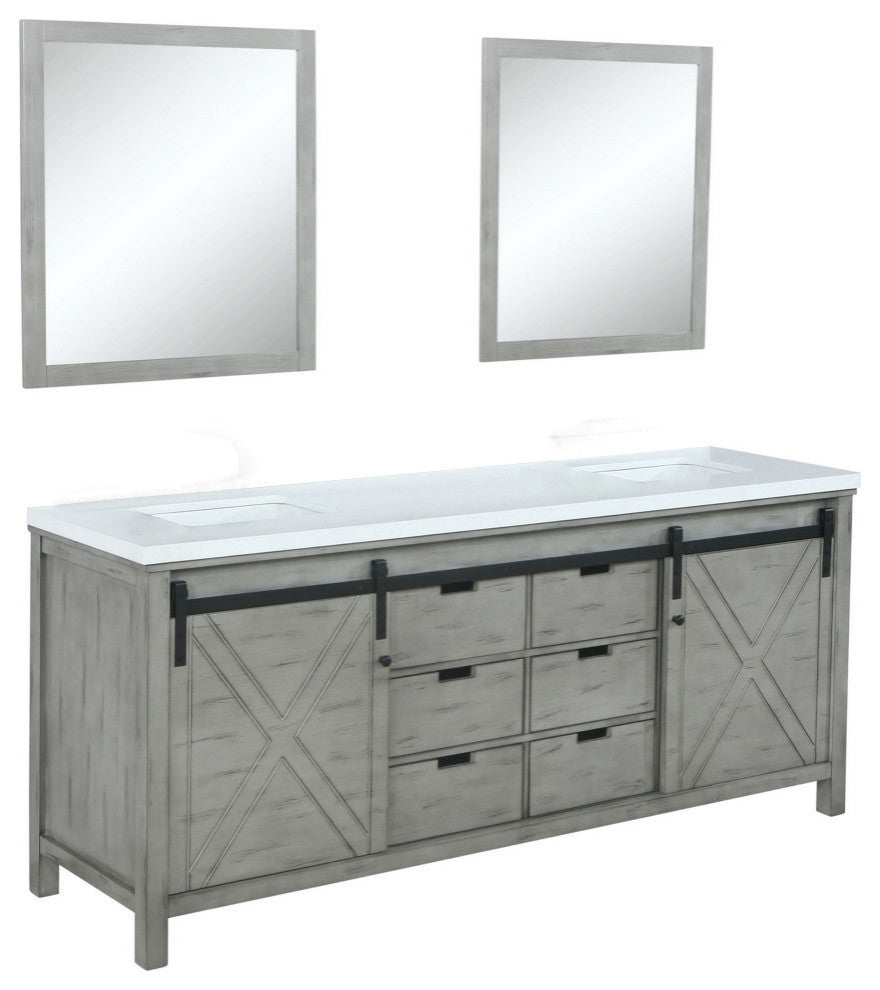 Marsyas 84" Ash Gray Double Vanity Cabinet Quartz Top Sinks, 34" Wall Mirrors