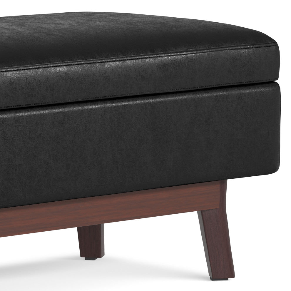 Owen Rectangular Storage Ottoman, Distressed Black Faux Air Leather