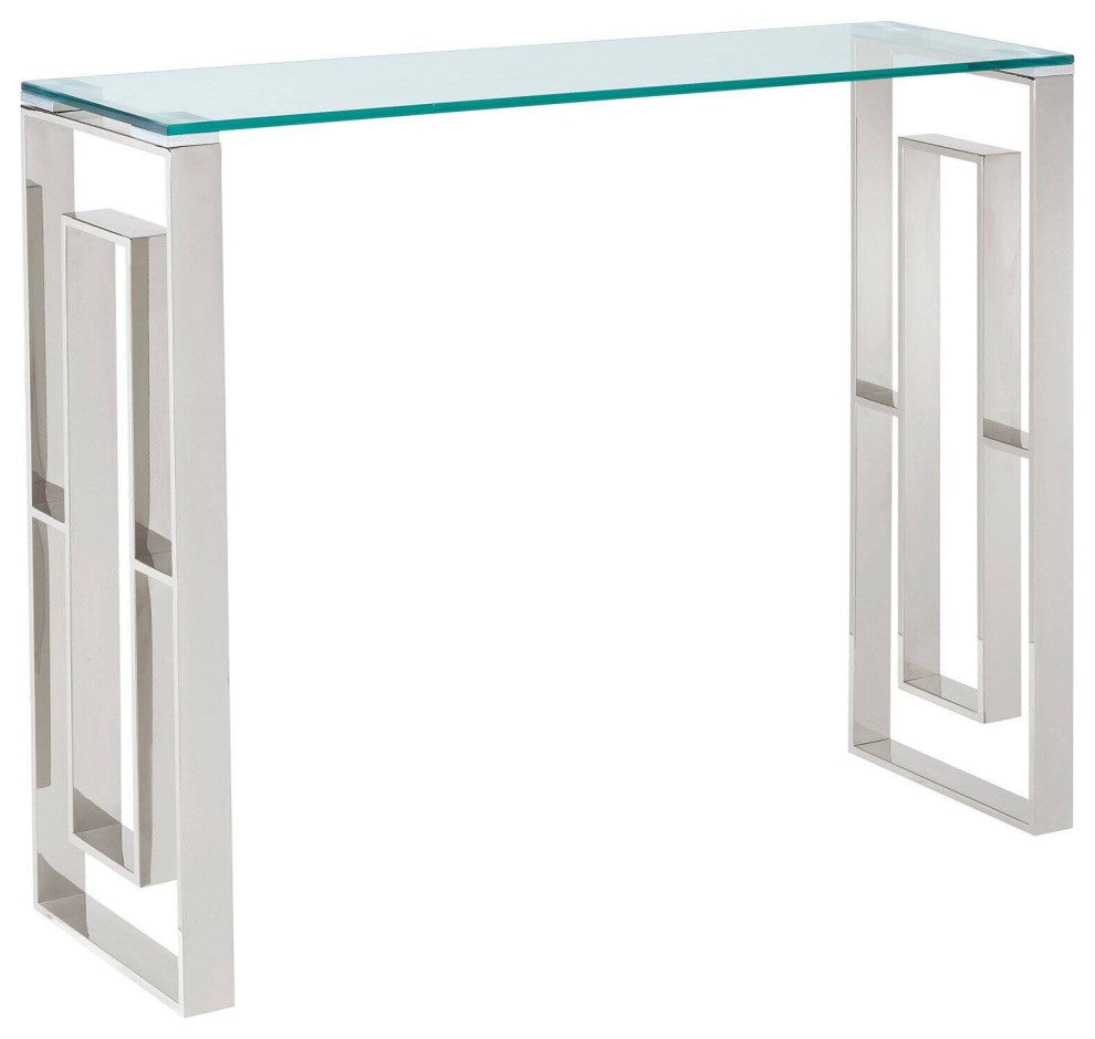 Elegant Console Table, Lattice Accented Stainless Steel Legs & Glass Top, Chrome