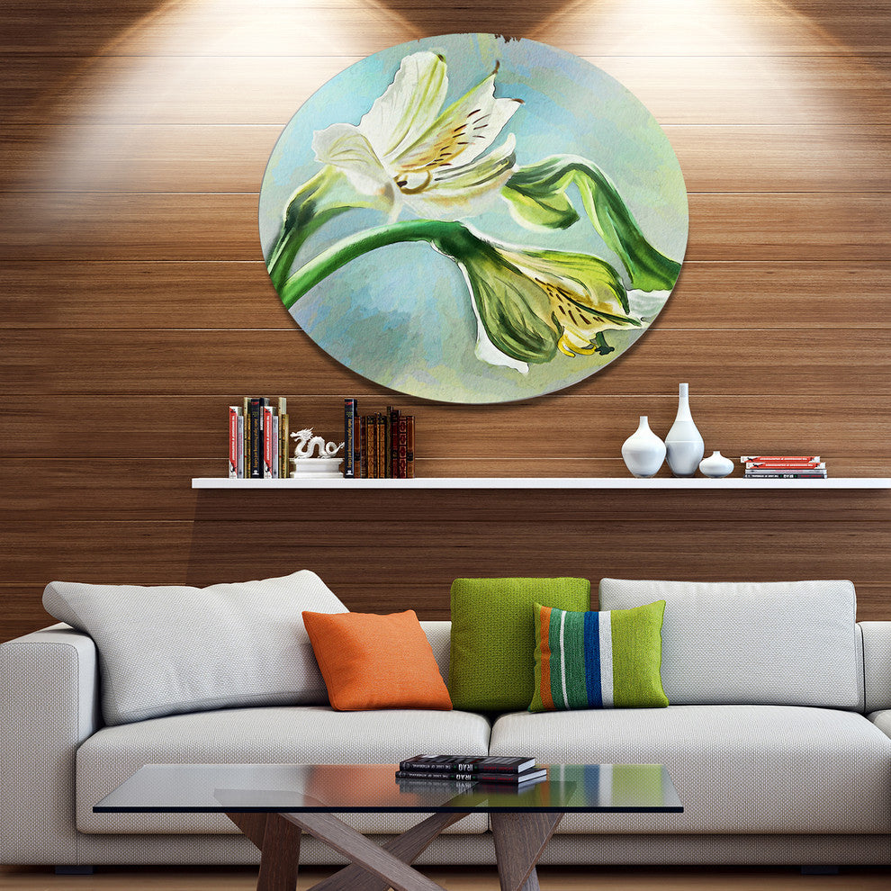 White Lily Flower Sketch Watercolor, Floral Disc Metal Wall Art, 36"