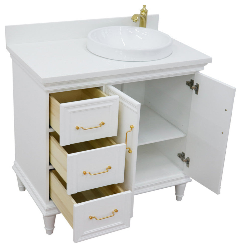 37" Single Vanity, White Finish With White Engineered Stone Top